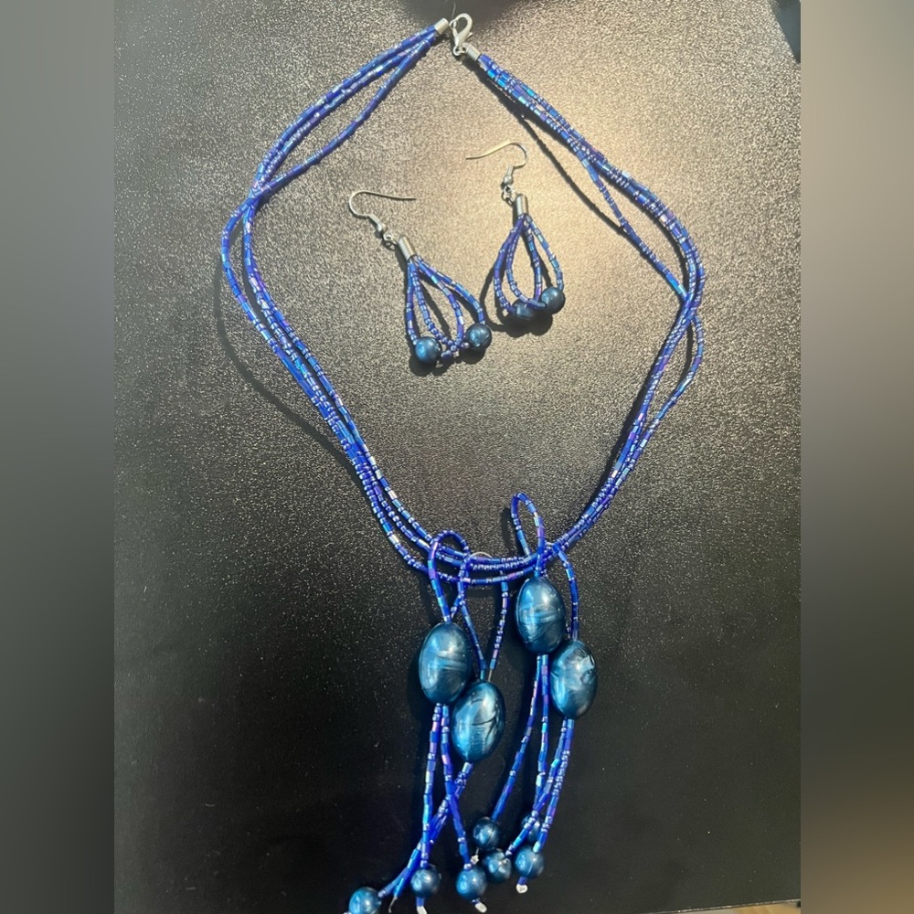 Blue necklace and earrings set.